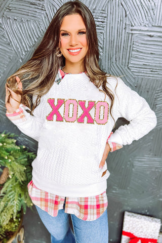White XOXO Glitter Chenille Cable Knit Pullover Sweatshirt, A Blissfully Beautiful Boutique - A Blissfully Beautiful Boutique