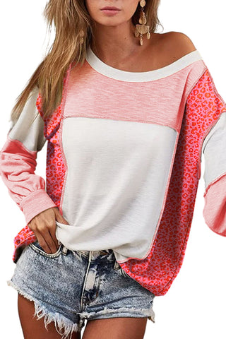 Peach Blossom Leopard Colorblock Patchwork Exposed Seam Top, A Blissfully Beautiful Boutique - A Blissfully Beautiful Boutique