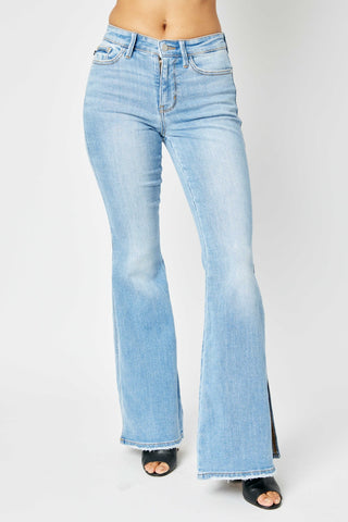 Judy Blue Full Size Mid Rise Raw Hem Slit Flare Jeans, Trendsi - A Blissfully Beautiful Boutique