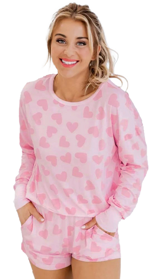Pink Valentine Heart Shape Print Long Sleeve Top Shorts Lounge Set, A Blissfully Beautiful Boutique - A Blissfully Beautiful Boutique