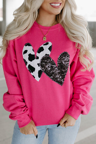 Strawberry Pink Cow & Sequin Double Heart Patch Graphic Sweatshirt, A Blissfully Beautiful Boutique - A Blissfully Beautiful Boutique