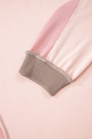 Light Pink Plus Color Block Waffle Patchwork Exposed Seam Baggy Sweatshirt, Dear-Lover Dropshipping - A Blissfully Beautiful Boutique