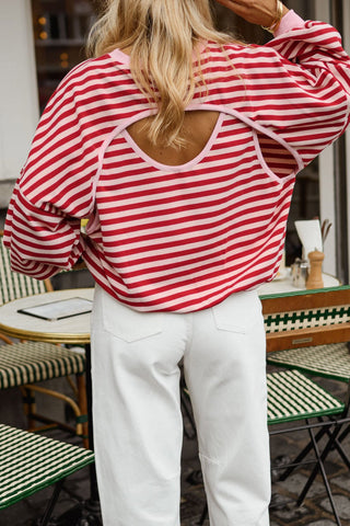 Red Stripe Cutout Open Back Long Sleeve Loose Top