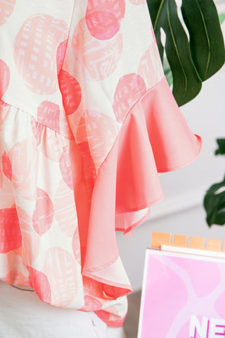 Pink Double Polka Dot Printed Ruffle Trim Short Sleeve Babydoll Shirt, Dear-Lover Dropshipping - A Blissfully Beautiful Boutique