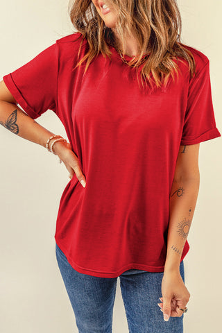 Red Casual Plain Crew Neck Tee, A Blissfully Beautiful Boutique - A Blissfully Beautiful Boutique