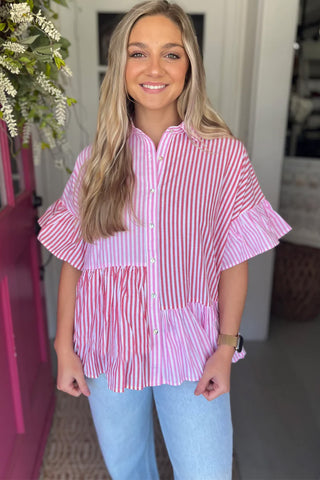 Pink Stripe Striped Patchwork Ruffled Hem Button up Shirt, A Blissfully Beautiful Boutique - A Blissfully Beautiful Boutique