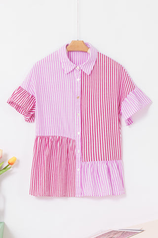 Pink Stripe Striped Patchwork Ruffled Hem Button up Shirt, A Blissfully Beautiful Boutique - A Blissfully Beautiful Boutique