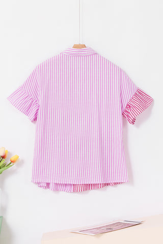 Pink Stripe Striped Patchwork Ruffled Hem Button up Shirt, A Blissfully Beautiful Boutique - A Blissfully Beautiful Boutique