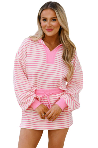 Pink Stripe Collared V Neck Drop Shoulder Pullover and Skort 2pcs Outfit