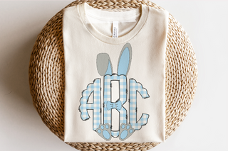 Blue Gingham Easter Bunny Monogram Graphic Tee, Merch Girls - A Blissfully Beautiful Boutique
