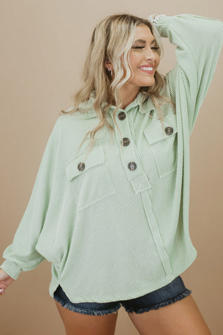 Green Plus Size Ribbed Pocketed Long Sleeve Henley Top