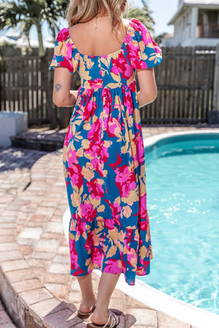 Dark Blue Square Neck Bubble Sleeve Ruffled Floral Dress, A Blissfully Beautiful Boutique - A Blissfully Beautiful Boutique