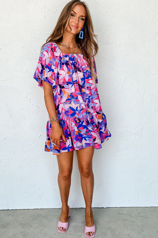 Purple Flower Print Short Puff Sleeve Ruffled Dress, A Blissfully Beautiful Boutique - A Blissfully Beautiful Boutique