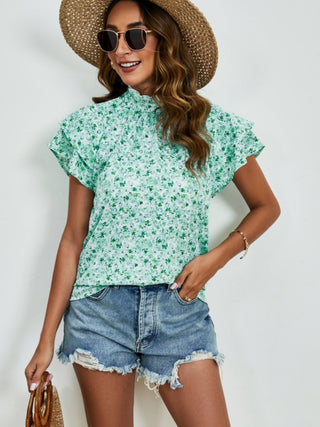 Ditsy Floral Mock Neck Flounce Sleeve Blouse, Trendsi - A Blissfully Beautiful Boutique