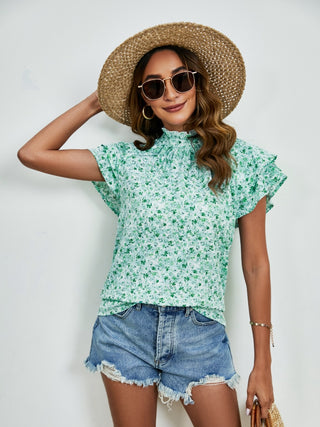 Ditsy Floral Mock Neck Flounce Sleeve Blouse, Trendsi - A Blissfully Beautiful Boutique
