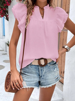 Ruffled Notched Cap Sleeve Blouse, Trendsi - A Blissfully Beautiful Boutique