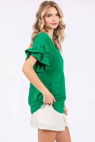 GeeGee Ruffled Short Sleeve V-Neck Blouse, Trendsi - A Blissfully Beautiful Boutique
