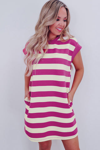 Rose Stripe Cap Sleeve Pocketed Shift T-shirt Dress, A Blissfully Beautiful Boutique - A Blissfully Beautiful Boutique