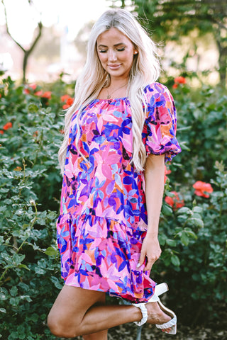 Purple Flower Print Short Puff Sleeve Ruffled Dress, A Blissfully Beautiful Boutique - A Blissfully Beautiful Boutique