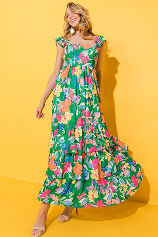 Green Floral Print Sleeveless Ruffle Tiered Maxi Dress, A Blissfully Beautiful Boutique - A Blissfully Beautiful Boutique