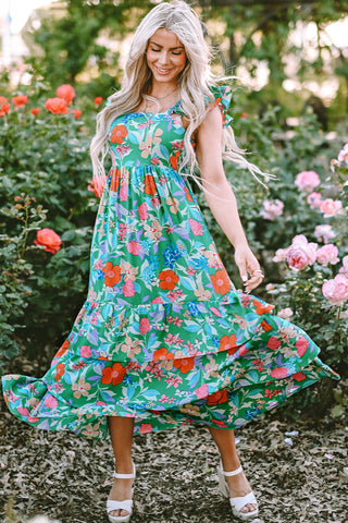 Green Floral Print Sleeveless Ruffle Tiered Maxi Dress, A Blissfully Beautiful Boutique - A Blissfully Beautiful Boutique