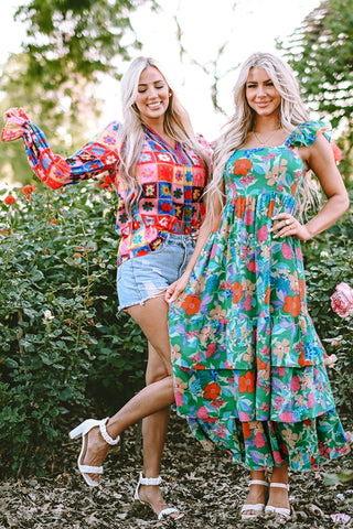 Green Floral Print Sleeveless Ruffle Tiered Maxi Dress, A Blissfully Beautiful Boutique - A Blissfully Beautiful Boutique