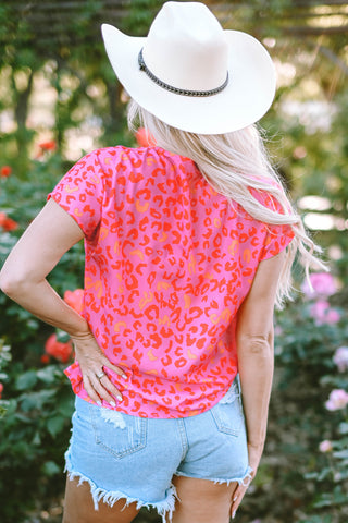 Pink Leopard V Neck Short Sleeve Blouse, A Blissfully Beautiful Boutique - A Blissfully Beautiful Boutique
