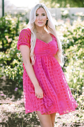 Strawberry Pink Checkered Puff Sleeve Babydoll Dress, A Blissfully Beautiful Boutique - A Blissfully Beautiful Boutique