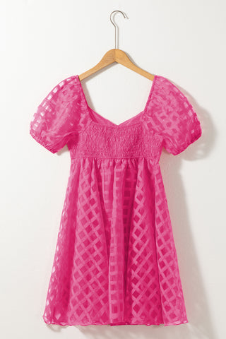 Strawberry Pink Checkered Puff Sleeve Babydoll Dress, A Blissfully Beautiful Boutique - A Blissfully Beautiful Boutique