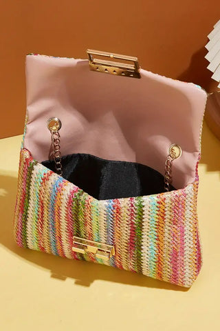 Strawberry Pink Bohemian Woven Gold Chain Shoulder Bag, A Blissfully Beautiful Boutique - A Blissfully Beautiful Boutique