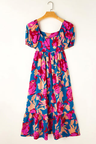 Dark Blue Square Neck Bubble Sleeve Ruffled Floral Dress, A Blissfully Beautiful Boutique - A Blissfully Beautiful Boutique