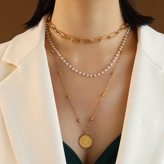 Synthetic Pearl Titanium Steel Three-Layered Necklace, Trendsi - A Blissfully Beautiful Boutique