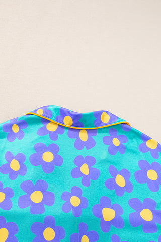 Green Flower Print Short Sleeve Shirt Pajamas Set, A Blissfully Beautiful Boutique - A Blissfully Beautiful Boutique