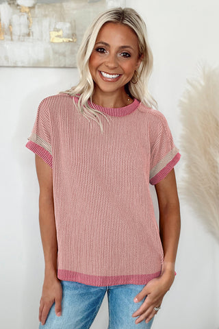 Light Pink Textured Contrast Trim Round Neck T Shirt, A Blissfully Beautiful Boutique - A Blissfully Beautiful Boutique