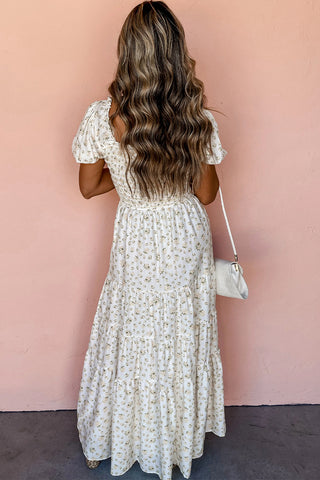 White Frilly Shirred Bodice Tiered Floral Maxi Dress, A Blissfully Beautiful Boutique - A Blissfully Beautiful Boutique