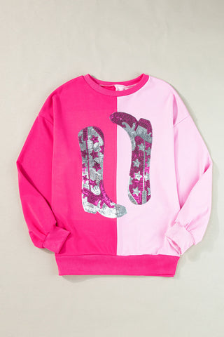 Pink Color Block Sequined Cowgirl Boots Graphic Sweatshirt, A Blissfully Beautiful Boutique - A Blissfully Beautiful Boutique