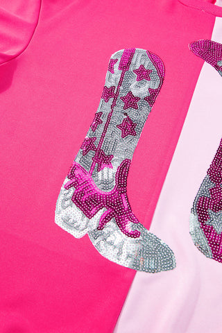 Pink Color Block Sequined Cowgirl Boots Graphic Sweatshirt, A Blissfully Beautiful Boutique - A Blissfully Beautiful Boutique