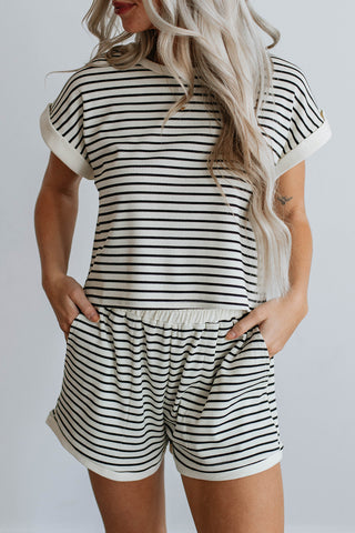 White Stripe Contrast Edge Tee and Shorts Set, A Blissfully Beautiful Boutique - A Blissfully Beautiful Boutique
