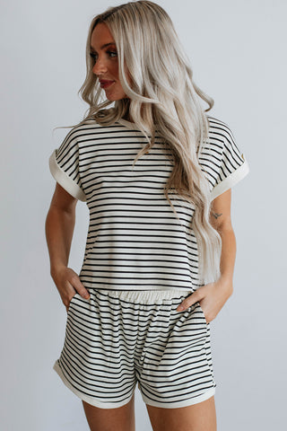 White Stripe Contrast Edge Tee and Shorts Set, A Blissfully Beautiful Boutique - A Blissfully Beautiful Boutique