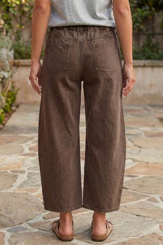 Coffee Solid Color Square Patch Pocket Ankle-length Barrel Jeans, Dear-Lover Dropshipping - A Blissfully Beautiful Boutique