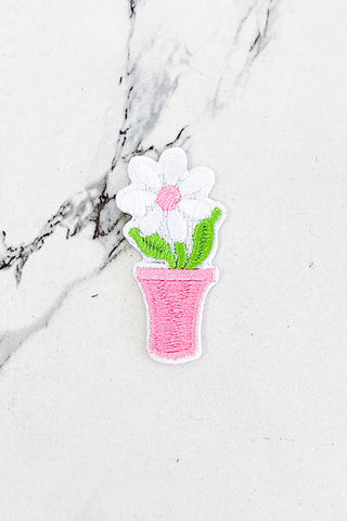 White Potted Daisy Embroidered Patch, Nash Grey Wholesale - A Blissfully Beautiful Boutique