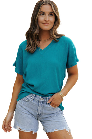 Blue Sapphire Crinkled V Neck Wide Sleeve T-shirt, A Blissfully Beautiful Boutique - A Blissfully Beautiful Boutique