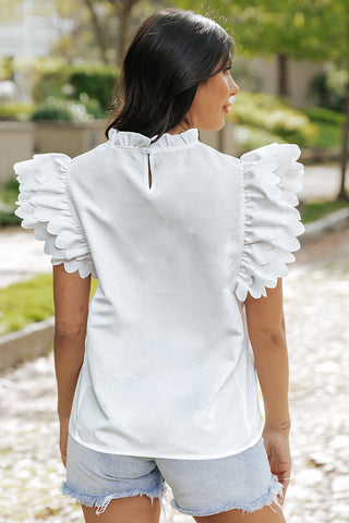 White Solid Color Scalloped Ruffle Sleeve Top, A Blissfully Beautiful Boutique - A Blissfully Beautiful Boutique