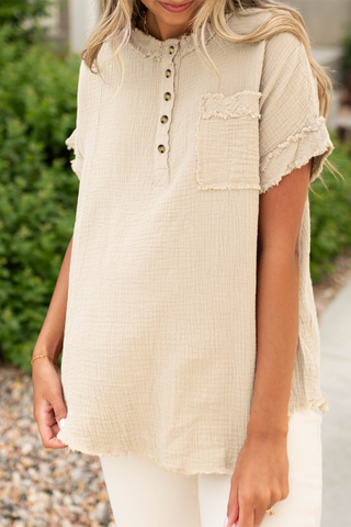 Parchment Crinkle Textured Frayed Trim Half Button Short Sleeve Top, A Blissfully Beautiful Boutique - A Blissfully Beautiful Boutique