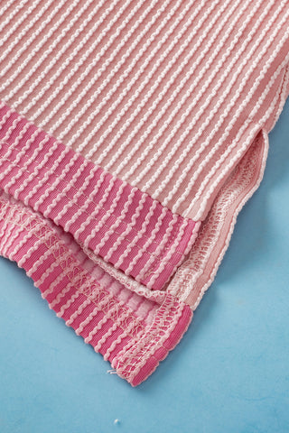 Light Pink Textured Contrast Trim Round Neck T Shirt, A Blissfully Beautiful Boutique - A Blissfully Beautiful Boutique
