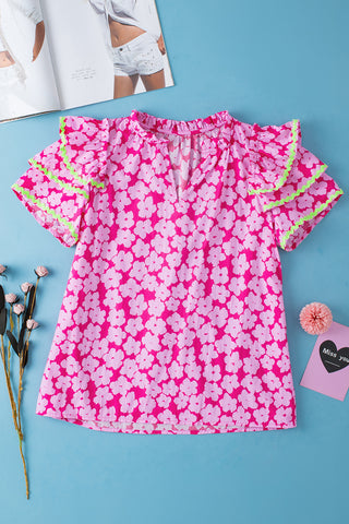 Pink Floral Contrast Ric Rac Layered Ruffle Sleeve Blouse, A Blissfully Beautiful Boutique - A Blissfully Beautiful Boutique