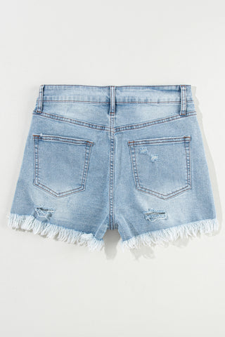 Light Blue Distressed Ripped Raw Hem High Waist Denim Shorts, A Blissfully Beautiful Boutique - A Blissfully Beautiful Boutique