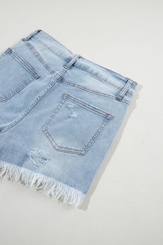 Light Blue Distressed Ripped Raw Hem High Waist Denim Shorts, A Blissfully Beautiful Boutique - A Blissfully Beautiful Boutique