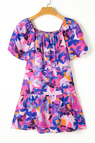 Purple Flower Print Short Puff Sleeve Ruffled Dress, A Blissfully Beautiful Boutique - A Blissfully Beautiful Boutique