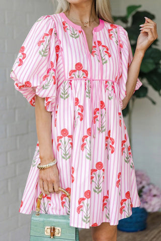 Pink Floral Striped Print Tie Notched Neck Puff Sleeve Flared Mini Dress, Dear-Lover Dropshipping - A Blissfully Beautiful Boutique